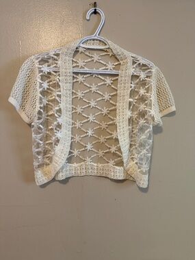 Women’s Cream Crochet Short Sleeve Open Cardigan Sweater